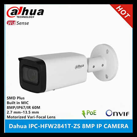 Dahua Ipc-hfw2841t-zas-27135 8mpix, 2,7-13,5mm  Motoriz Lens, H265+, 80mt Gece Görüşü, Dahili Mikrofon, Starlight, Ip67,  Poe Bullet Ip Kamera