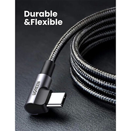 ONTECH - Ugreen Usb-c 60w 3a Qc Pd Çift Tarafı 90 Derece Örgülü Hızlı Şarj Kalosu 2 Mt Siyah 70531