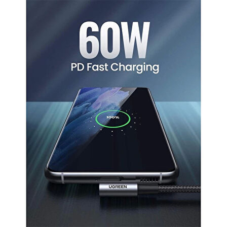 ONTECH - Ugreen Usb-c 60w 3a Qc Pd Çift Tarafı 90 Derece Örgülü Hızlı Şarj Kalosu 2 Mt Siyah 70531