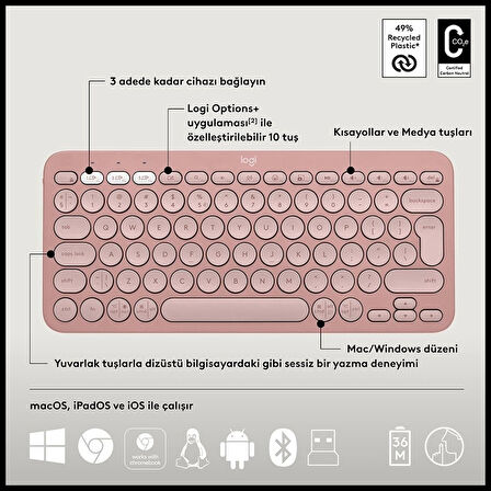 Logıtech Pebble 2 Combo, Rose, 920-012247, Bluetooth, Türkçe, Q, Multimedya, Mini Klavye Mouse Set