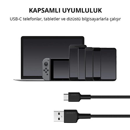 ONTECH - Aukey Cb-cd30-bk Naylon Örgülü Usb-a Type-c Şarj Kablosu 0.9mt