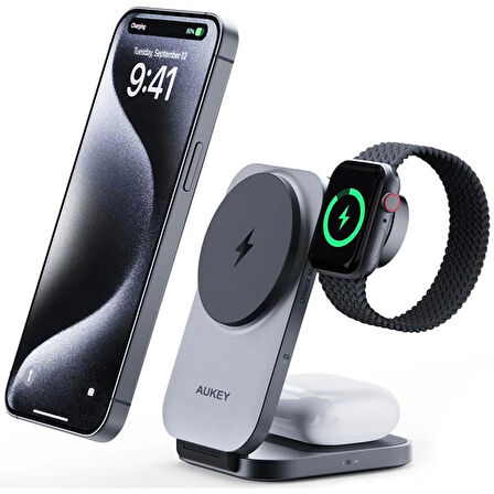 ONTECH - Aukey Lc-mc312-gy Magfusıon Z Qı2 15w Katlanabilir 3 Ü 1 Arada Mıknatıslı Kablosuz Şarj Cihazı