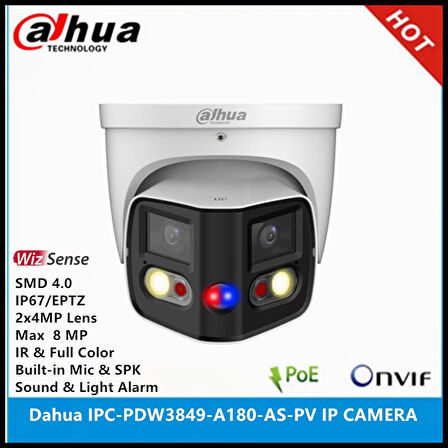 Dahua  Ipc-pdw3849-a180-as-pv  2x4mpix, 2,8mm Lens,h265+, 25mt Gece Görüşü, Ip67, Dahili Mikrofon, Tioc Duo Süper Geniş Açı Dome Ip Kamera