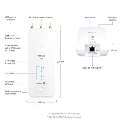 ONTECH - Ubnt Rp-5ac-gen2 Rocket Prısm 5ac 5ghz 500mbps Ptp/ptmp Dış Ortam Access Poınt