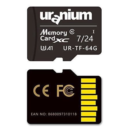 64 Gb Uranıum Ur-tf-64g Mıcro Sd Card U3 7/24 Surveıllance 100/40mbs Industrıal Hafıza Kartı (3 Yıl Garanti)