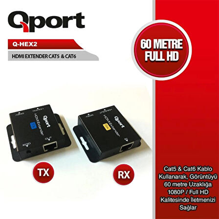 ONTECH - Qport Q-hex2 Hdmı Extender Cat6 60m 2 Li Paket (adaptör Dahil)