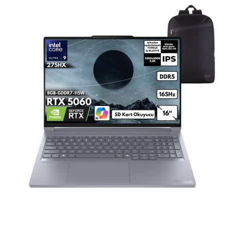 Lenovo ThinkBook 16p G6 IAX Ultra 9-275HX 48 -GBDDR5 4 TBSSD RTX5060 (8GB-GDDR7-115W) 16" 3.2K 165Hz IPS Windows 10 Home + QB Sırt Çantası 21R0001JTXQB59