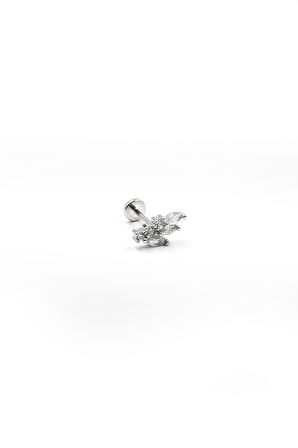 Yaprak Figürlü Zirkon Taşlı Gümüş Tragus Helix Piercing | Anti Alerjik, Kararma Yapmaz