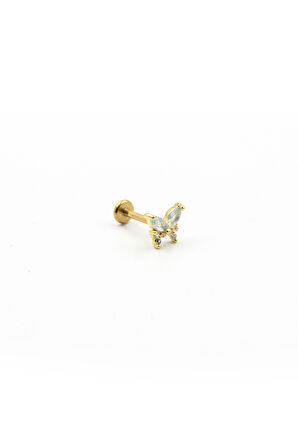 Mavi Kanatlı Kelebek Tragus Piercing – Zirkon Taşlı, Gold, Anti Alerjik