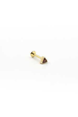 Kahve Zirkon Taşlı Üçgen Tragus Piercing – Gold, Anti Alerjik, Çelik Barlı, 8 mm