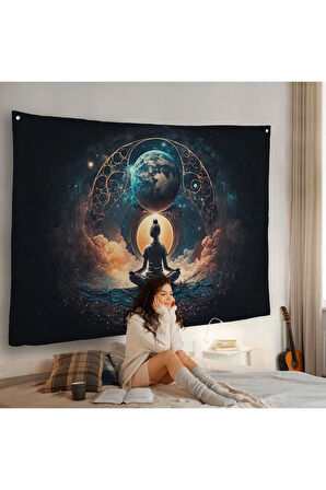 Meditasyon Yapan Kadın Lotus'ta Evrenle Bağlantı Duvar Örtüsü-7251