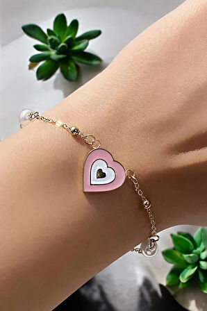 İç İçe Pembe Kalp Charm Gold Çelik Bileklik