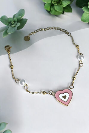 İç İçe Pembe Kalp Charm Gold Çelik Bileklik