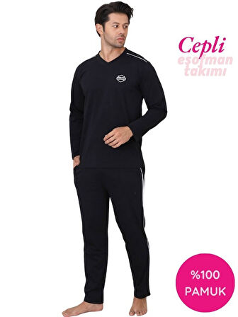 Erkek Siyah V Yaka %100 Pamuk Mevsimlik Uzun Kol Pijama Takımı-Siyah Cepli Eşofman Takımı