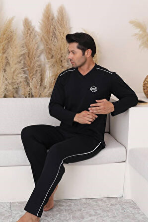 Erkek Siyah V Yaka %100 Pamuk Mevsimlik Uzun Kol Pijama Takımı-Siyah Cepli Eşofman Takımı