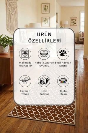 Kupa Kahve Krem Yıkanabilir Yolluk Halı Kaymaz Taban Salon Mutfak