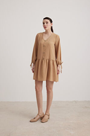 Vos Versa Kadın Kol Bağlama Detaylı Keten Camel Elbise VVK7260