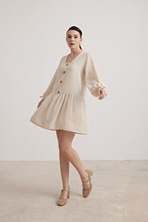 Vos Versa Kadın Kol Bağlama Detaylı Keten Taş Elbise VVK72601