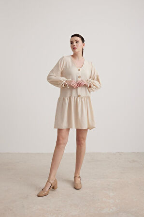 Vos Versa Kadın Kol Bağlama Detaylı Keten Taş Elbise VVK72601