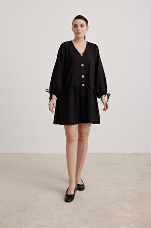 Vos Versa Kadın Kol Bağlama Detaylı Kadın Keten Siyah Elbise VVK72602