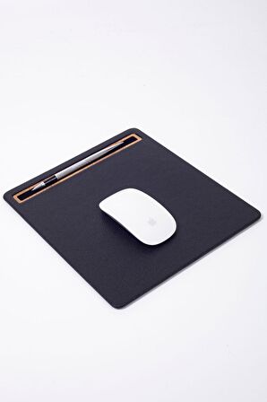 Turgut Office Deri Mousepad Siyah Ahşap Detaylı