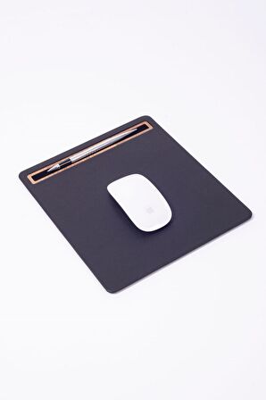 Turgut Office Deri Mousepad Düz Siyah Ahşap Detaylı