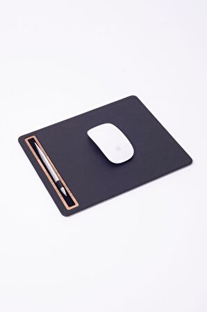 Turgut Office Deri Mousepad Düz Siyah Ahşap Detaylı