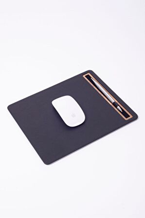 Turgut Office Deri Mousepad Düz Siyah Ahşap Detaylı