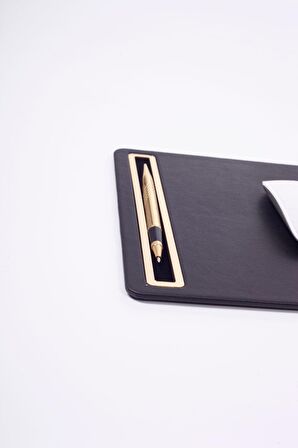 Turgut Office Deri Mousepad Düz Siyah Gold Detaylı