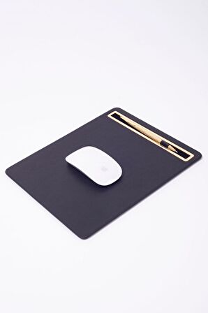 Turgut Office Deri Mousepad Düz Siyah Gold Detaylı