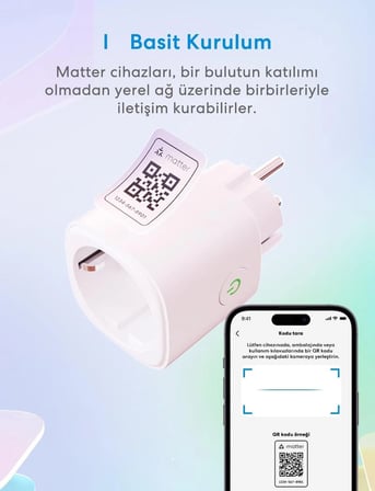 Meross Akıllı Priz Matter Wi-Fi Mini Priz (Apple HomeKit, Alexa ve Google Home Destekli)