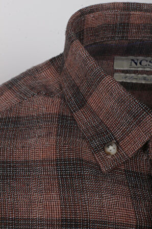 Erkek Gömlek Uzun Kol Kiremit Ekose Kareli Flanel Yün Tuşeli Slim Fit Düğmeli Yaka Shirt NCS JEANS 7266