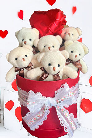 Premium Silindir Hediye Kutusunda, Kalpli Balonlu 6’lı Beyaz Ayıcık Buketi