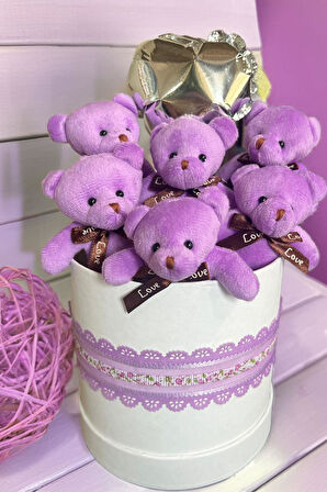 Premium Silindir Hediye Kutusunda, Kalpli Balonlu 6’lı Mor Ayıcık Buketi