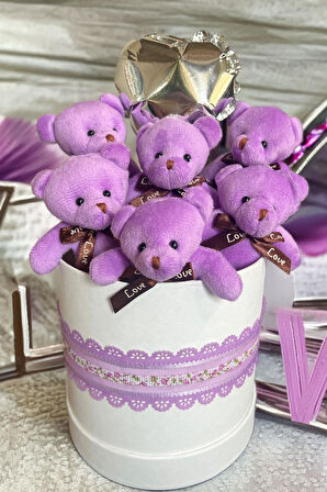 Premium Silindir Hediye Kutusunda, Kalpli Balonlu 6’lı Mor Ayıcık Buketi