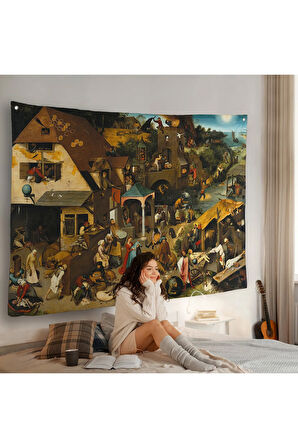 Yaşlı Pieter Brueghel - Hollanda Atasözleri Mavi Pelerin Duvar Örtüsü-7267