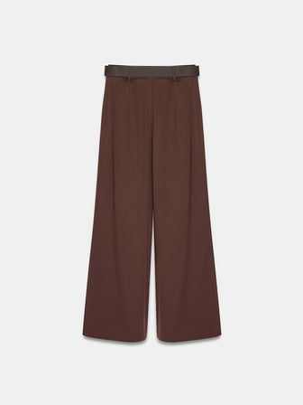  %100 Lyocell Pileli Geniş Paça Pantolon-Kahve