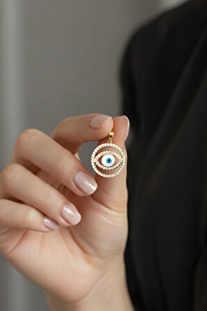 Göz Model Zirkon Taşlı Kolye Ucu Gold – 14K Renk, Alerji Karşıtı