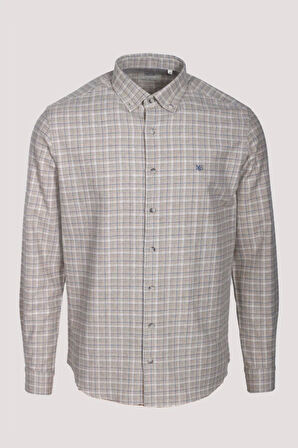 Erkek Gömlek Bej Uzun Kol Ekose Kareli Flanel Yün Tuşeli Slim Fit Düğmeli Yaka Shirt NCS JEANS 7270