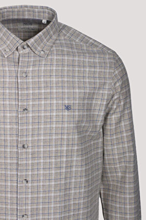 Erkek Gömlek Bej Uzun Kol Ekose Kareli Flanel Yün Tuşeli Slim Fit Düğmeli Yaka Shirt NCS JEANS 7270