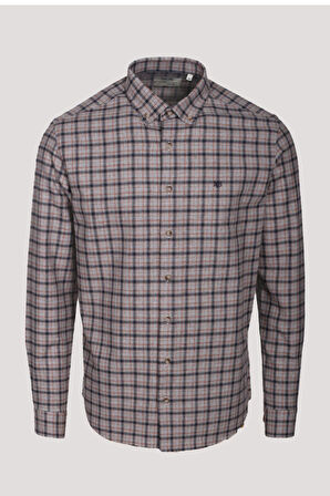 Erkek Gömlek Kiremit Uzun Kol Ekose Kareli Flanel Yün Tuşeli Slim Fit Düğmeli Yaka Shirt NCS JEANS 7270