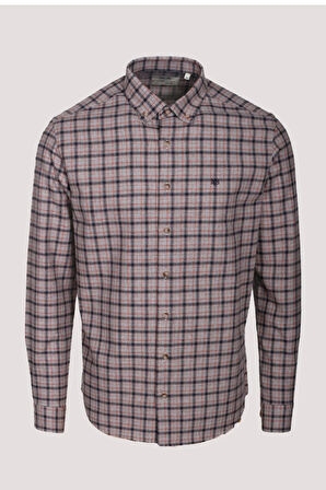 Erkek Gömlek Kiremit Uzun Kol Ekose Kareli Flanel Yün Tuşeli Slim Fit Düğmeli Yaka Shirt NCS JEANS 7270