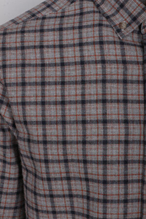 Erkek Gömlek Kiremit Uzun Kol Ekose Kareli Flanel Yün Tuşeli Slim Fit Düğmeli Yaka Shirt NCS JEANS 7270