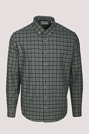 Erkek Gömlek Yeşil Uzun Kol Ekose Kareli Flanel Yün Tuşeli Slim Fit Düğmeli Yaka Shirt NCS JEANS 7270