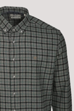 Erkek Gömlek Yeşil Uzun Kol Ekose Kareli Flanel Yün Tuşeli Slim Fit Düğmeli Yaka Shirt NCS JEANS 7270