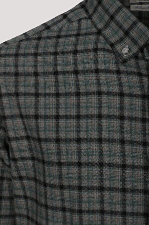 Erkek Gömlek Yeşil Uzun Kol Ekose Kareli Flanel Yün Tuşeli Slim Fit Düğmeli Yaka Shirt NCS JEANS 7270