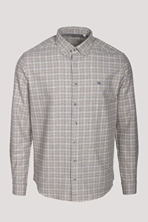 Erkek Gömlek Bej Uzun Kol Ekose Kareli Flanel Yün Tuşeli Slim Fit Düğmeli Yaka Shirt NCS JEANS 7270