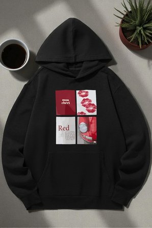 Unisex Red Mon Cheri Baskılı kapüşonlu Sweatshirt