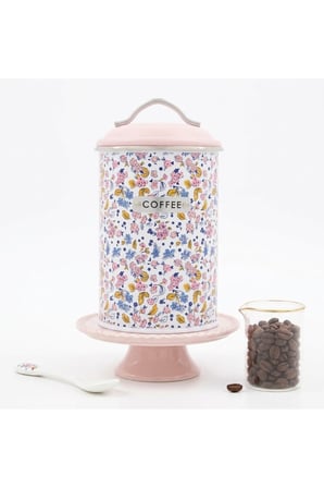 Çiçek Desenli Metal Kahve Saklama Kutusu - Pembe Kapaklı Vintage Coffee Kavanozu⁠ 19x10