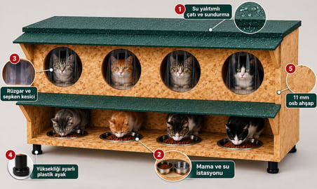 Kedi Evi kedi yuvası  mama ve su kabı istasyonu ısı ve su yalıtımı